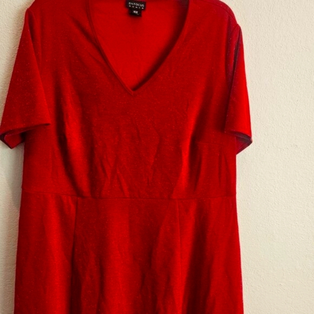 Encore Pullover Comfy Event Shimmer Fit Flare stretch red dress, midi v-neck  16